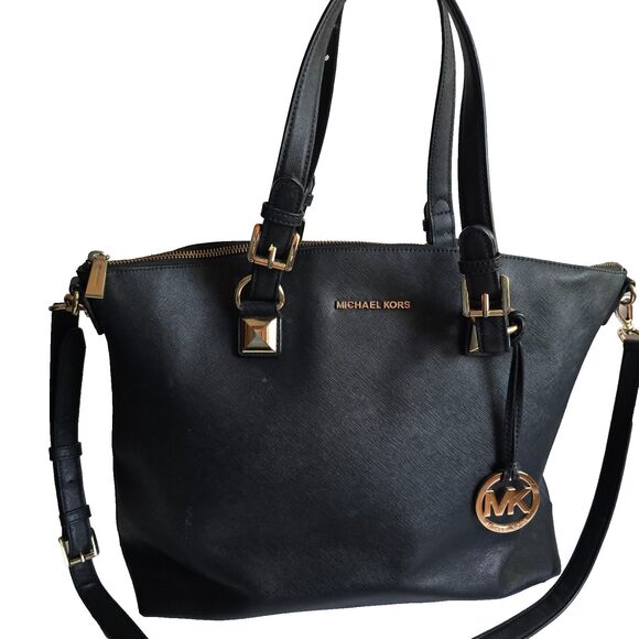 MICHAEL KORS KARLA TOP ZIP SATCHEL MEDIUM SAFFIANO LEATHER HANDBAG PURSE BLACK - Picture 1 of 13